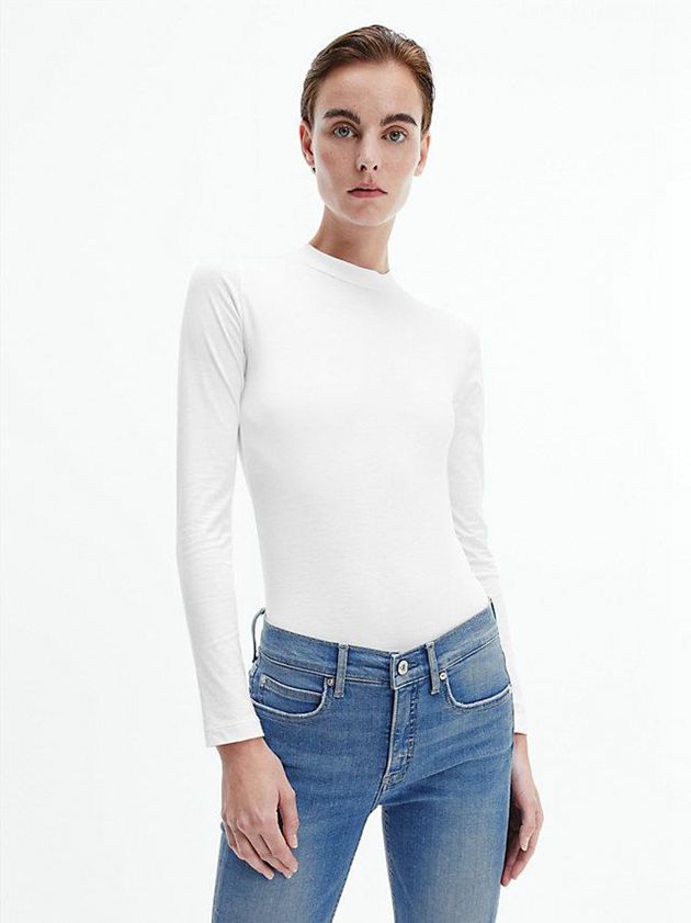 Calvin Klein USA Long Sleeve Mock Neck Womens T-Shirt White 3108957-RI